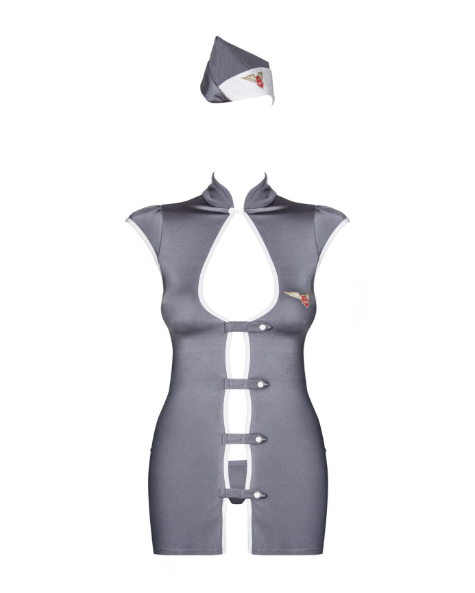 Еротичний костюм стюардеси Obsessive Stewardess 3 pcs grey L/XL, сірий, сукня, стрінги, пілотка фото 5
