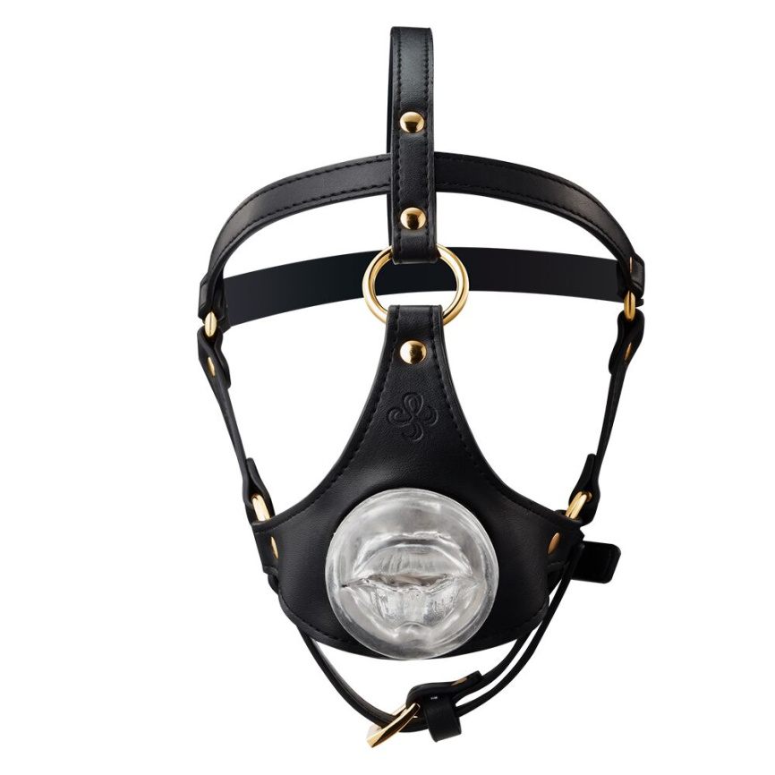 Маска-збруя для мінету LOCKINK SEVANDA Blowjob Head Harness, чорна, з м’якою вставкою у вигляді губ фото 1
