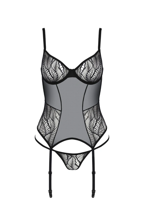 Корсет Passion LEAFA CORSET black, XXL/XXXL, мягкие чашки, зажимы для чулок, стринги в комплекте фото 3