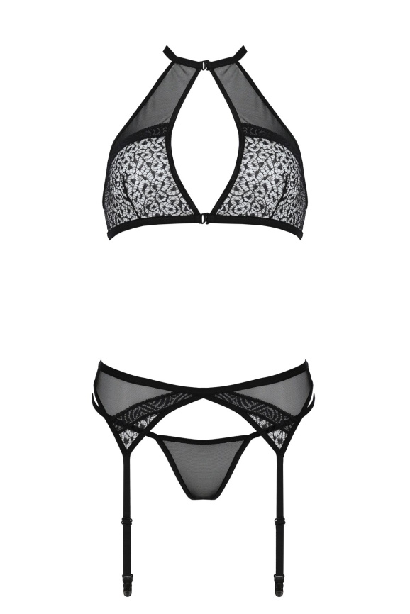 Комплект білизни Passion SATARA SET S/M black, топ, пояс для панчіх, стрінги фото 3