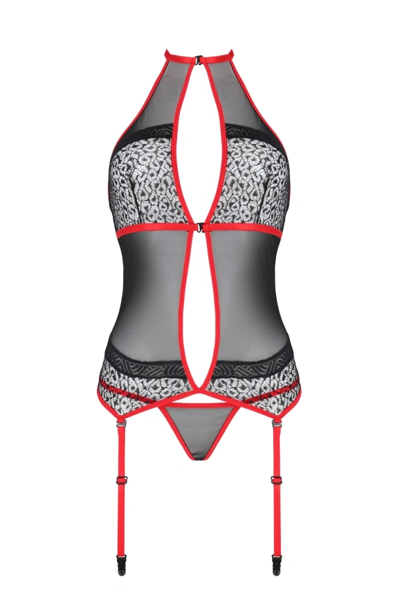Корсет с пажами Passion SATARA CORSET S/M red, стринги, кружево, застежки спереди и сзади фото 3