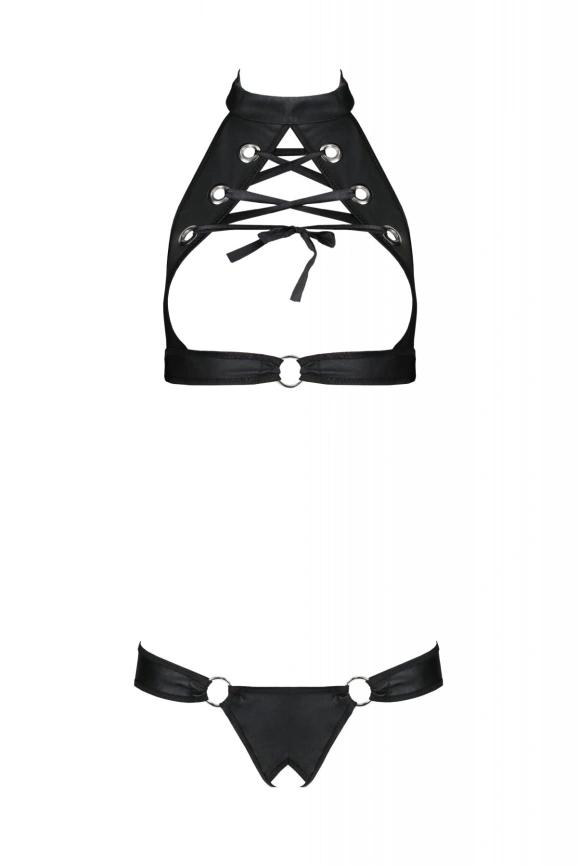 Комплект из экокожи Passion MALWIA SET with Open Bra 6XL/7XL black, топ и трусики с люверсами фото 3