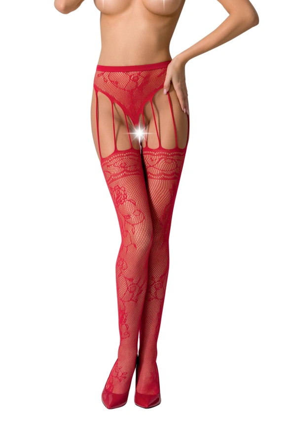 Сетчатые чулки-стокинги Passion S016 One Size, Red, имитация ажурного пояса с гартерами фото 1