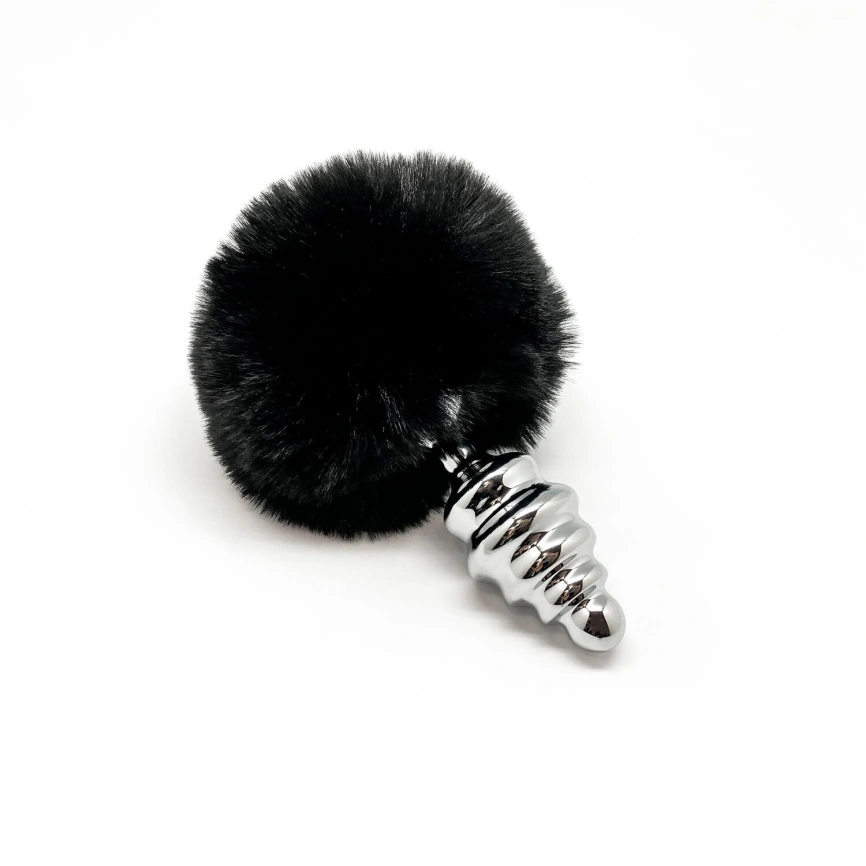 Металлическая анальная пробка Кроличий хвостик Alive Fluffy Twist Plug M Black, диаметр 3,4 см фото 2