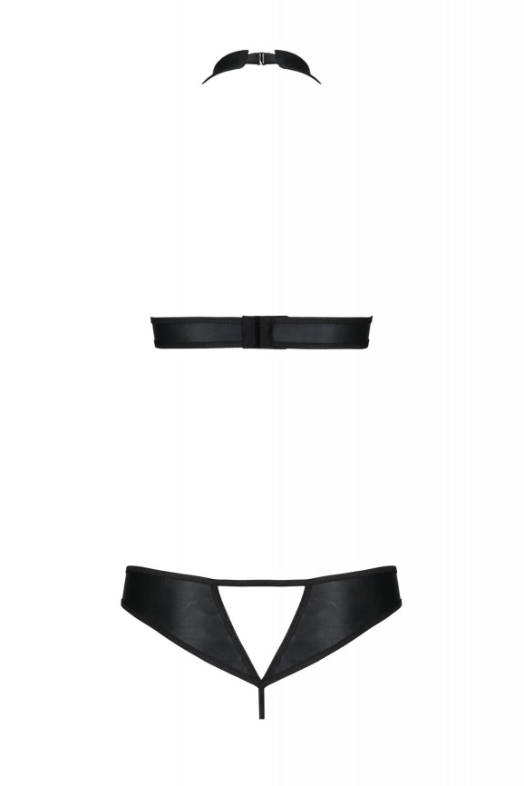 Комплект із екошкіри Passion MALWIA SET with Open Bra 4XL/5XL black, топ та трусики з люверсами фото 4