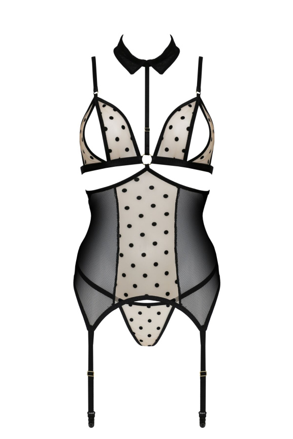 Корсет з відкритими грудьми Passion DOMINICA CORSET S/M beige, пажі для панчіх, стрінги фото 3