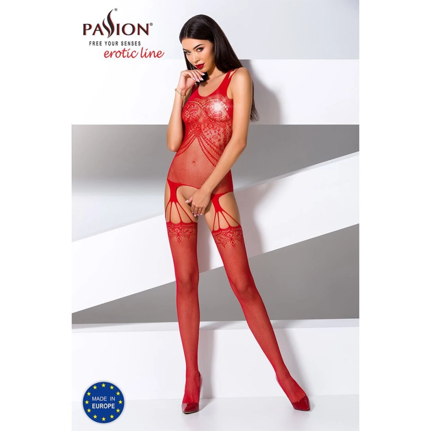 Бодистокинг Passion BS070 red, комбинезон, имитация чулок и ажурного топа фото 9