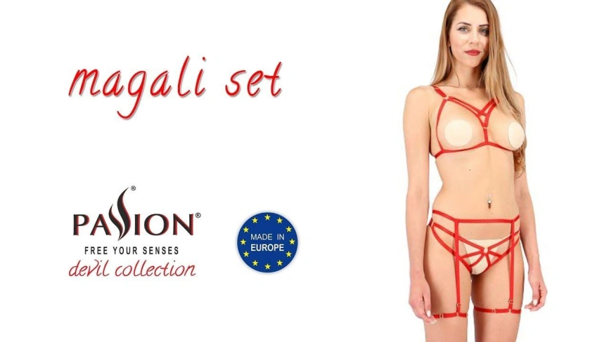 Комплект белья Passion Exclusive MAGALI SET OpenBra L/XL, red, стрэпы, лиф, трусики и пояс фото 3