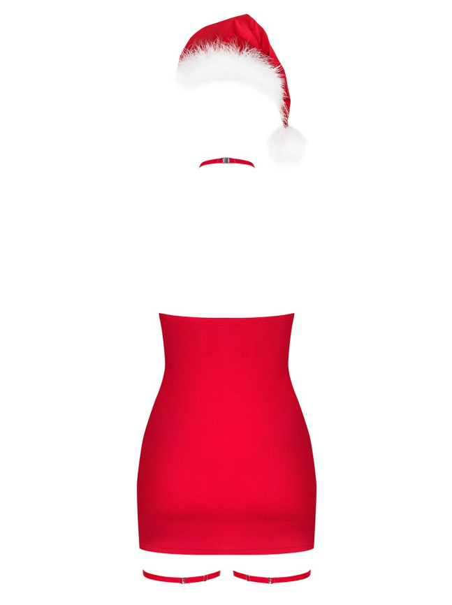 Сорочка Obsessive Kissmas chemise, L/XL, червона, чокер, гартери та шапочка з помпоном у комплекті фото 4
