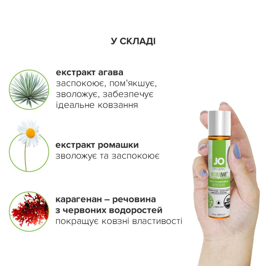 Змазка на водній основі JO NATURALOVE — ORGANIC (30 мл) з екстрактом листя агави та ромашки фото 5