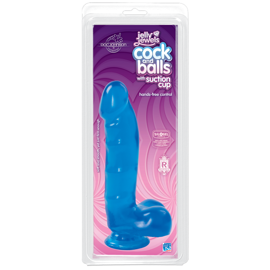 Фалоімітатор Doc Johnson Jelly Jewels Cock & Balls Blue, діаметр 3,6 см, антибактеріальний ПВХ фото 2