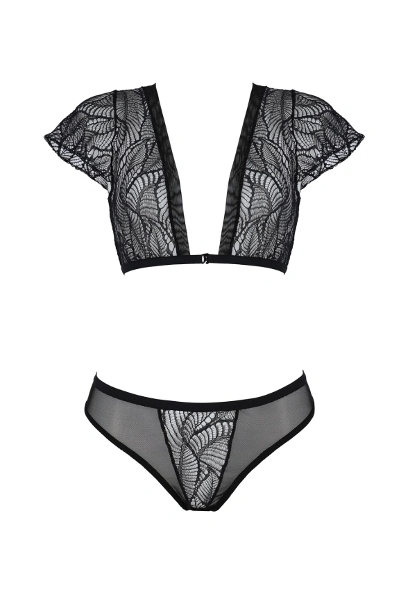 Комплект Passion LEAFA BIKINI black, XXL/XXXL, бюстгальтер-топ с рукавчиками, стринги-шортики с вырезом фото 3
