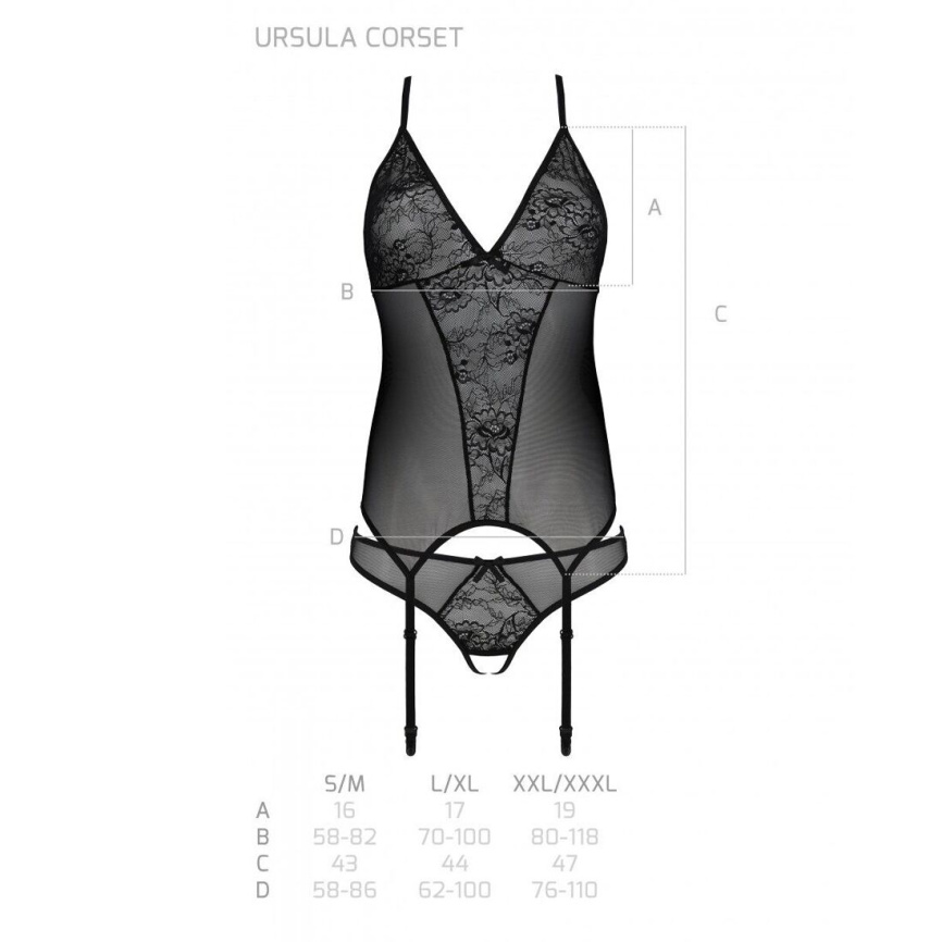 Корсет із пажами, трусики з ажурним декором та відкритим кроком Passion URSULA CORSET L/XL, black фото 6