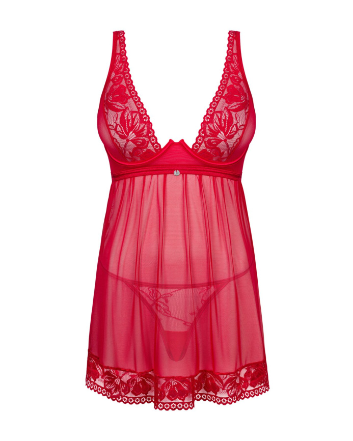 Прозора сорочка бебі-дол Obsessive Lacelove babydoll & thong M/L Red, мереживо, стрінги фото 3
