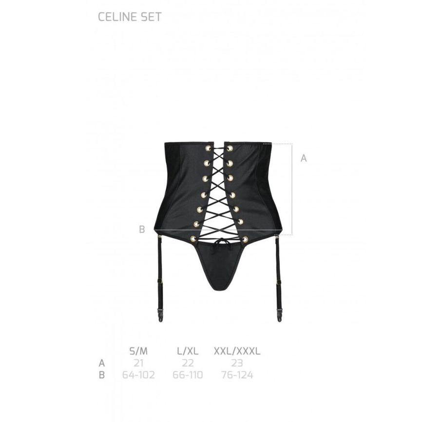 Пояс-корсет з екошкіри Passion CELINE SET L/XL, black, шнурівка, знімні пажі для панчіх, стрінги фото 7