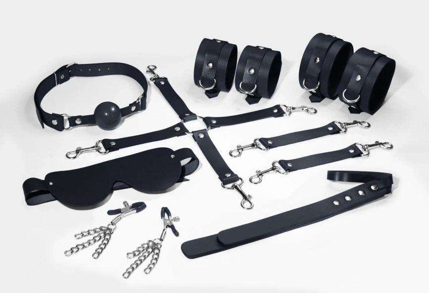 Набор Feral Feelings BDSM Kit 7 Black, наручники, поножи, коннектор, маска, паддл, кляп, зажимы фото 1