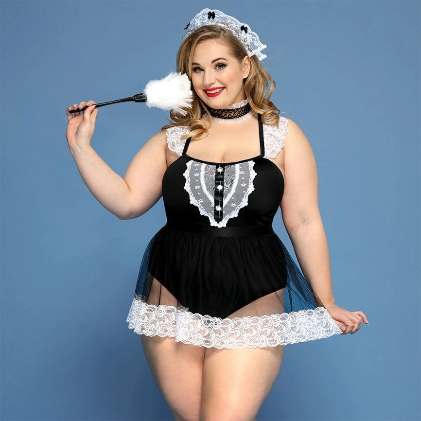 Костюм секси-горничной JSY «Горячая Кери» Plus Size Black, боди, юбка, чокер, головной убор, метелка фото 1