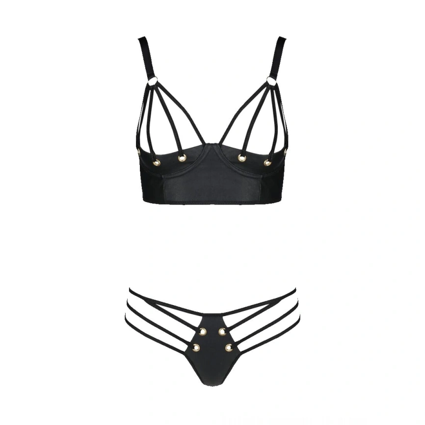 Комплект из экокожи Passion MALWIA BIKINI 6XL/7XL black, с люверсами и ремешками, бра, трусики фото 7