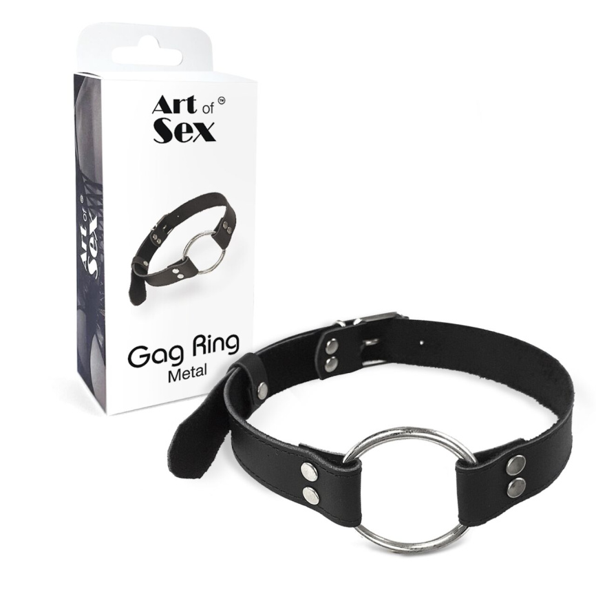 Кляп металеве кільце на ременях Art of Sex – Gag Ring Metal, чорний, натуральна шкіра фото 3