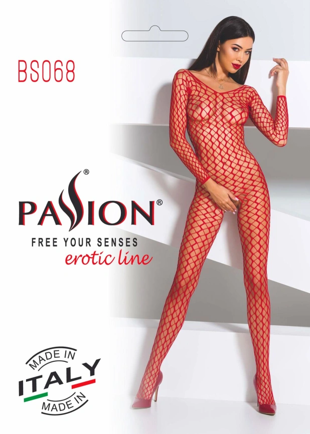 Бодистокинг Passion BS068 red, комбинезон, крупная сетка, длинный рукав фото 6