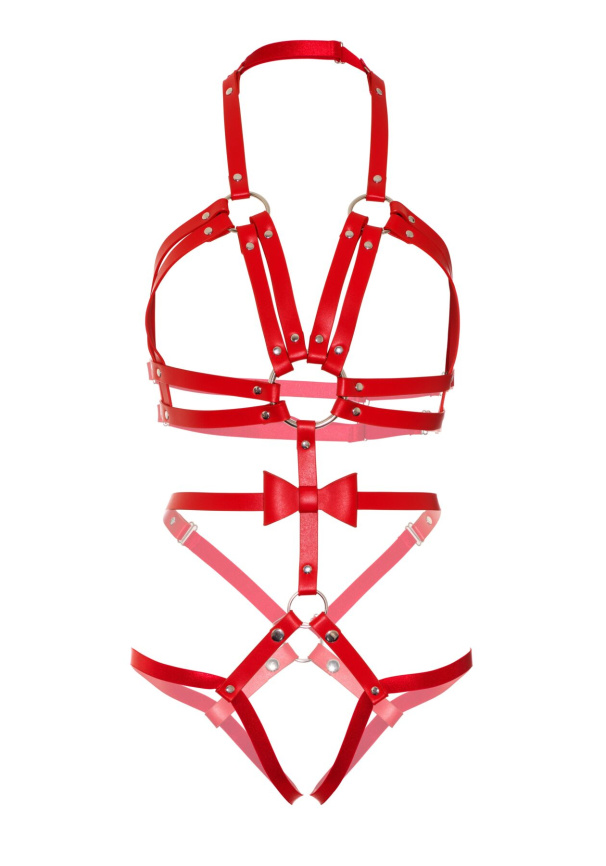 Портупея-тедді з ременів Leg Avenue Studded O-ring harness teddy L Red, екошкіра фото 5
