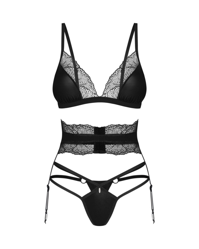 Комплект Obsessive Lobellis 3-pcs set, XL/2XL, чорний, ліф з м’якою чашкою, стрінги, пояс для панчіх фото 3