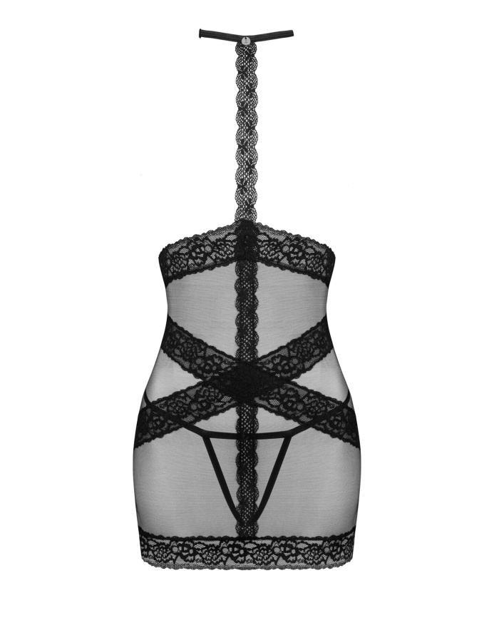 Напівпрозора сорочка з відкритими грудьми Obsessive Lacrisia chemise XS/S, чорна, з чокером фото 5