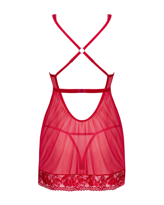 Прозрачная сорочка бэби-долл Obsessive Lacelove babydoll & thong XS/S Red, кружево, стринги фото 4