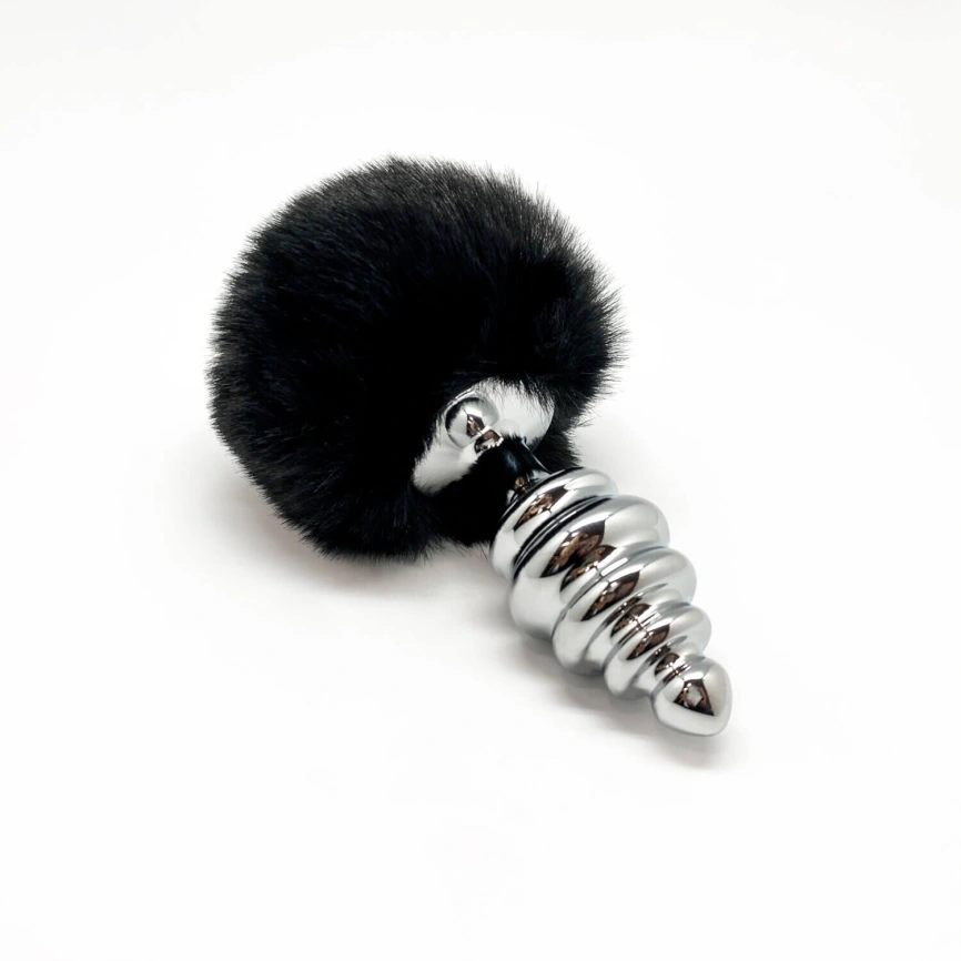 Металлическая анальная пробка Кроличий хвостик Alive Fluffy Twist Plug L Black, диаметр 3,8 см фото 2