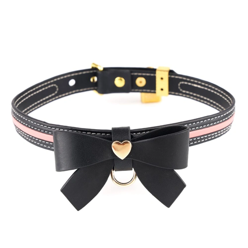 Ошейник с поводком LOCKINK SEVANDA Love Heart Butterfly Leather Collar Set, черно-розовый, с бантом фото 3