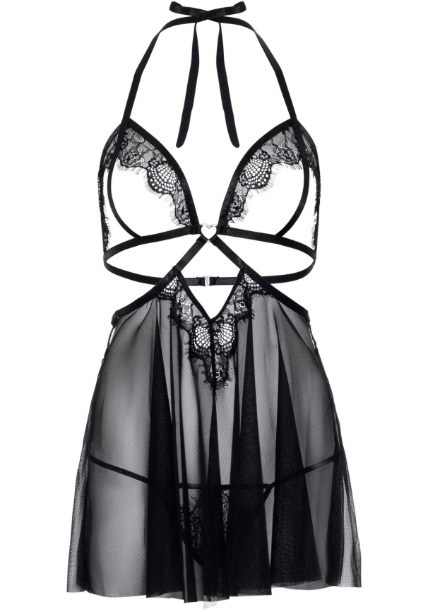 Сорочка бебі-дол з відкритими чашками Leg Avenue Lace and mesh babydoll & panty Black S, стрінги фото 3