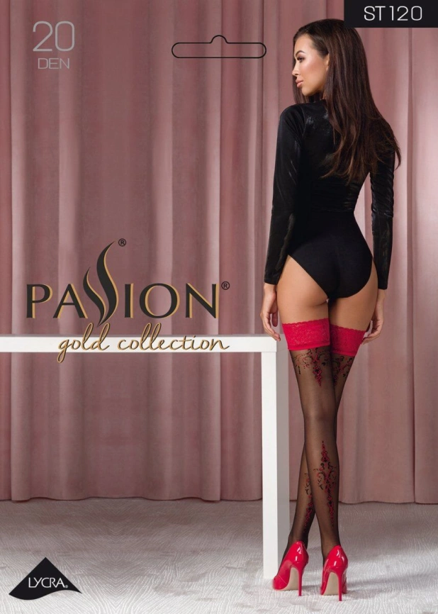 Чулки Passion ST120 3/4 black-red, на ажурной силиконовой резинке, изысканный декор и люрекс фото 3