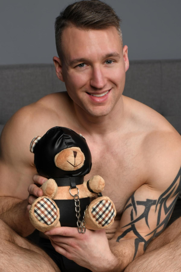 Плюшевий ведмедик HOODED Teddy Bear БДСМ у шкіряному капюшоні з повідцем, 23x16x12 см фото 8