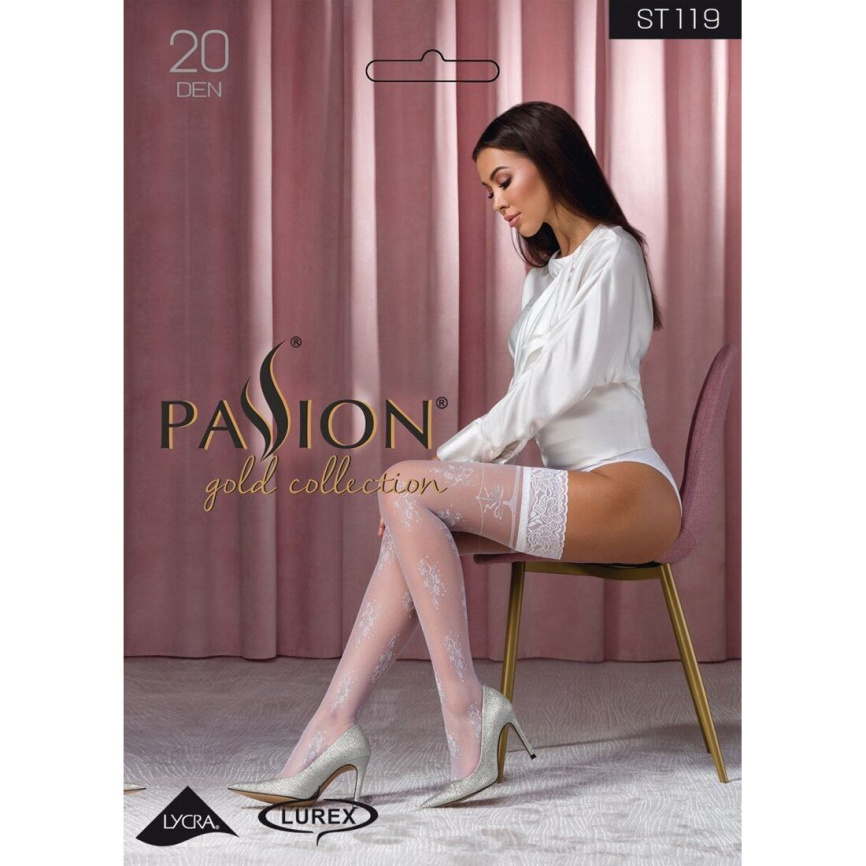 Панчохи Passion ST119 1/2 white, ажурна силіконова резинка з квітковим декором і люрексовою ниткою фото 3
