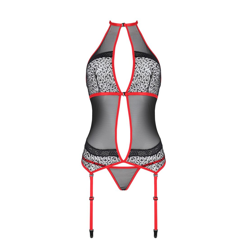 Корсет з пажами Passion SATARA CORSET XXL/XXXL red, стрінги, мереживо, застібки спереду та ззаду фото 10