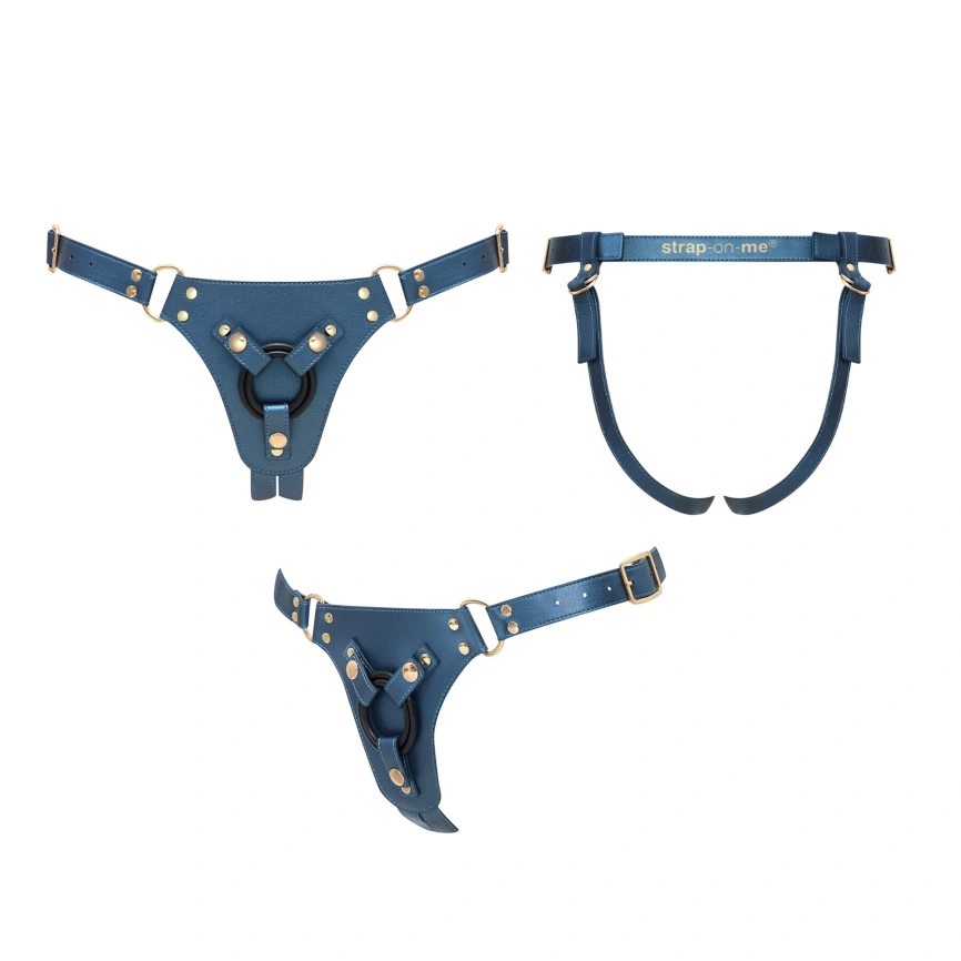 Трусики для страпона Strap-On-Me Harness Generous Blue, One Size, искусственная кожа, регулируемые ремни, сменные крепления для ди фото 4