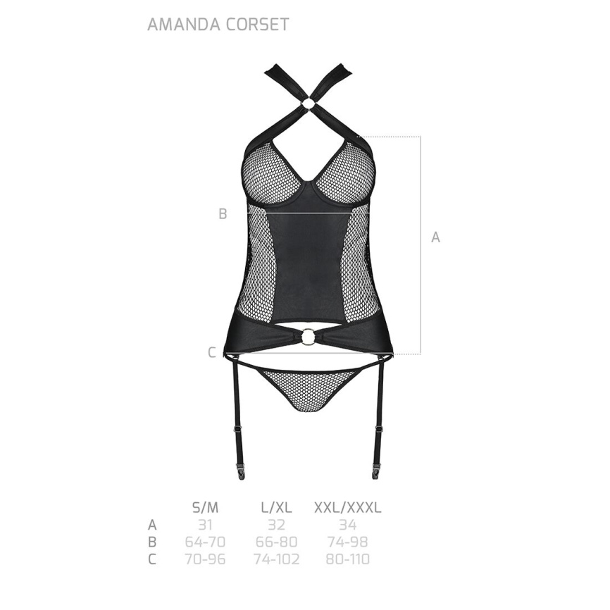 Сітчастий комплект корсет з халтером, зйомні підв'язки та трусики Passion AMANDA CORSET L/XL, black фото 7
