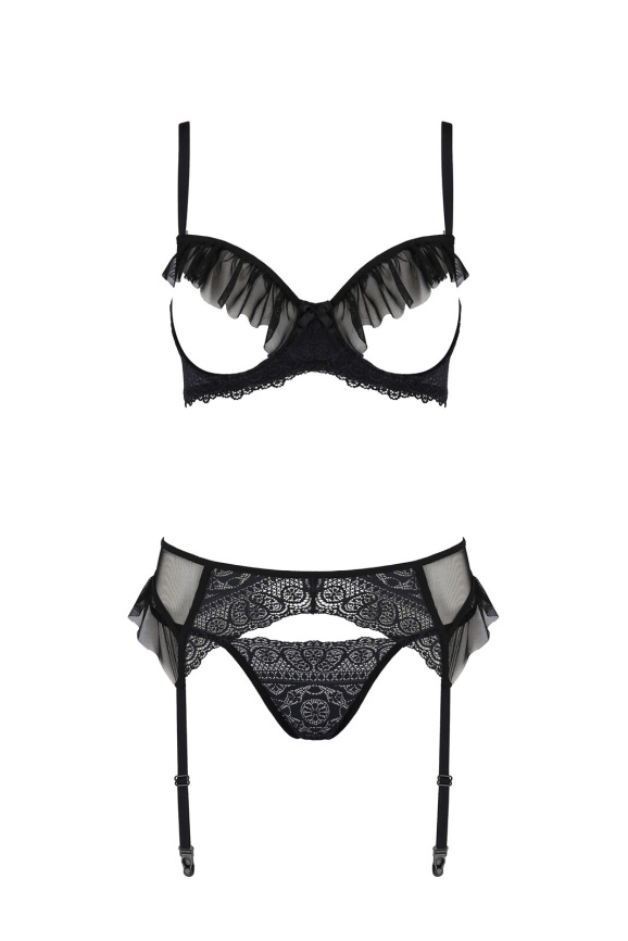 Комплект Passion KERRIA SET WITH OPEN BRA black, XXL/XXXL, бюстгальтер з відкритою чашкою, стрінги, пояс для панчіх фото 3