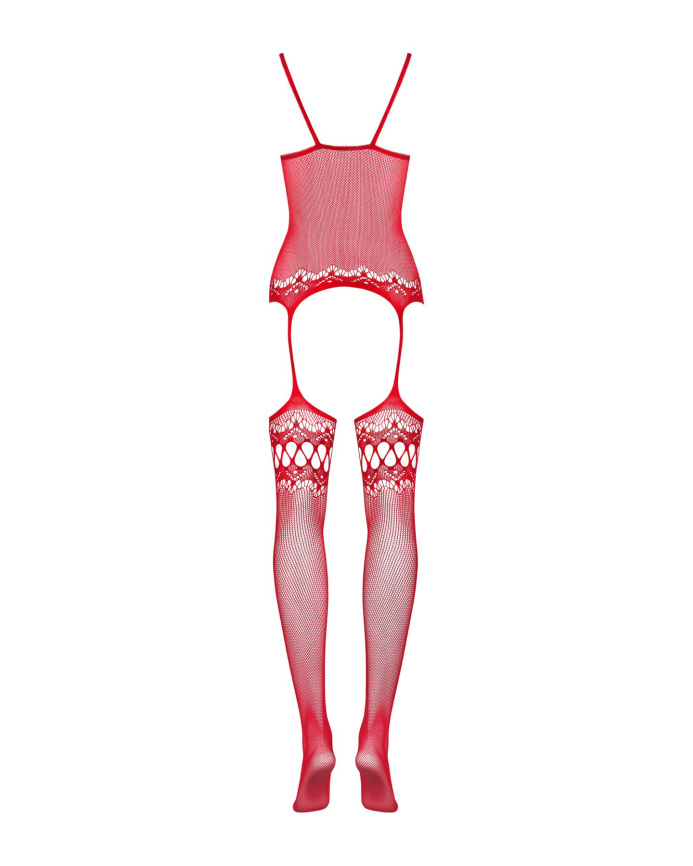 Бодістокінг Obsessive Bodystocking F214 red S/M/L, імітація корсета та панчіх на підв’язках фото 6