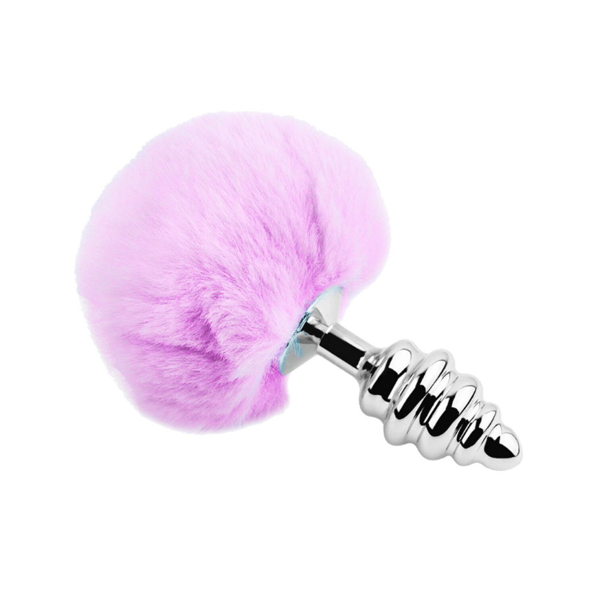 Металева анальна пробка Кролячий хвостик Alive Fluffy Twist Plug L Purple, діаметр 3,8 см фото 2