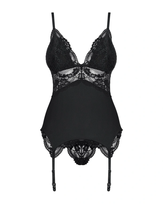 Сатиновый кружевной корсет Obsessive 810-COR-1 babydoll & thong S/M, черный, корсет, танга фото 5