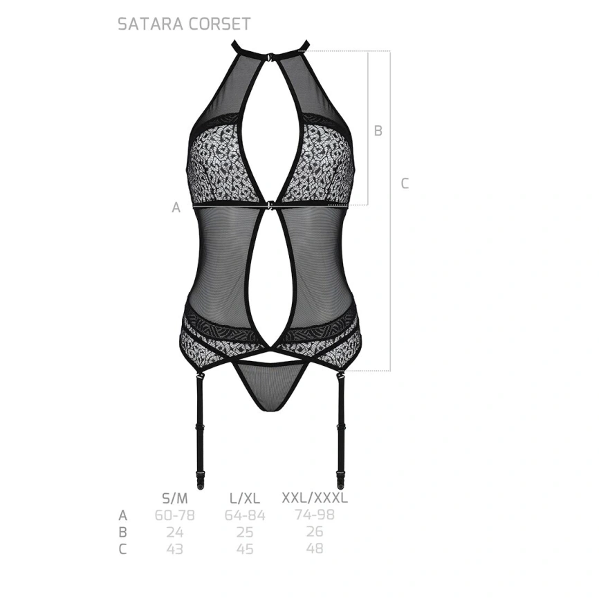 Корсет с пажами Passion SATARA CORSET L/XL black, стринги, кружево, застежки спереди и сзади фото 12