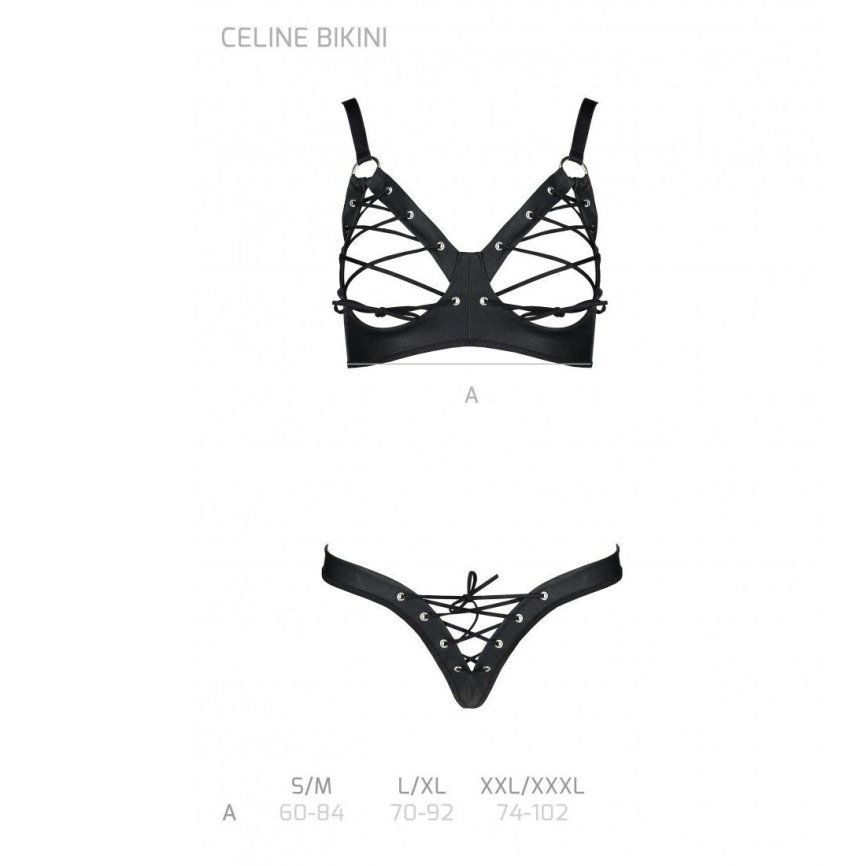 Комплект Passion CELINE BIKINI 2XL/3XL black відкритий бра з стрічками стрінги з шнурівкою, екошкіра фото 5