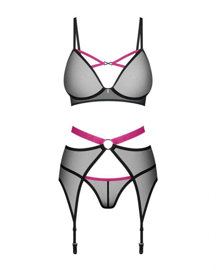 Комплект Obsessive Novenes 3-pcs set, XS/S, прозрачный лиф на косточках, стринги, пояс фото 4