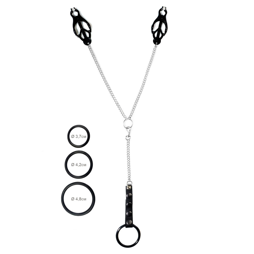 Затискач для сосків Art of Sex - Nipple Clamps for Men Black clover з ерекційними кільцями фото 1