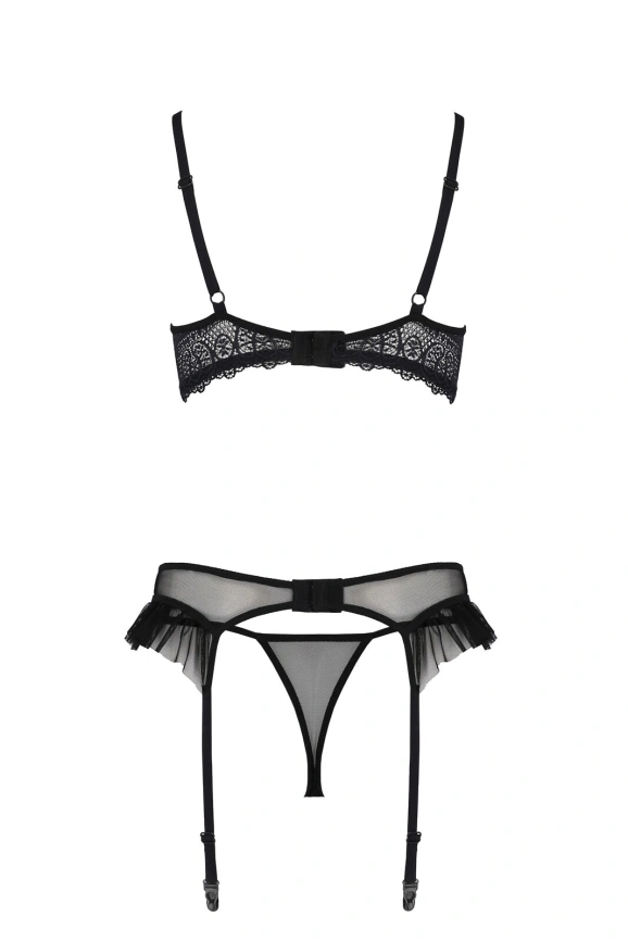 Комплект Passion KERRIA SET WITH OPEN BRA black, S/M, бюстгальтер с открытой чашкой, стринги, пояс для чулок фото 4