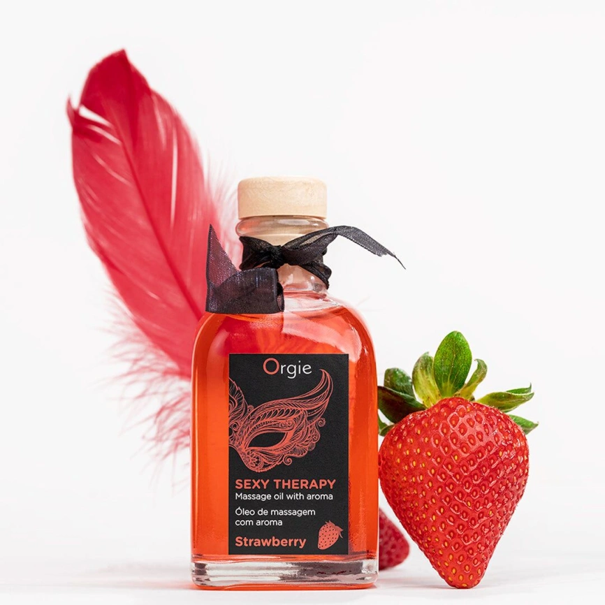 Набор для массажа Orgie – Sexy Therapy Strawberry (100 мл), съедобное разогревающее масло + перышко фото 4