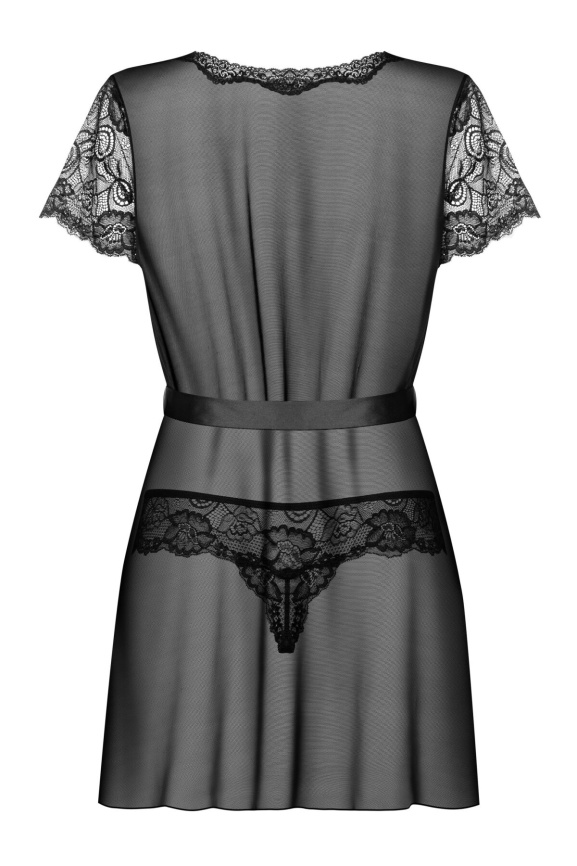 Пеньюар Obsessive Alluria peignoir & thong, L/XL, прозорий, з мереживом, пояс, трусики в комплекті фото 4