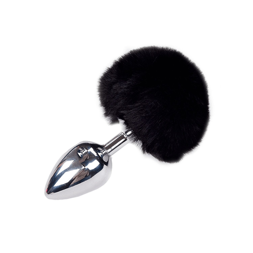 Металева анальна пробка Кролячий хвостик Alive Fluffy Plug L Black, діаметр 3,9 см фото 1