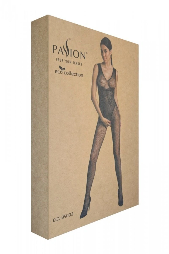 Бодистокинг Passion ECO BS003, черный, One Size, открытая промежность, имитация корсета и чулок фото 6